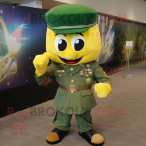 Yellow Green Beret mascot costume character dressed with a T-Shirt and Bow ties