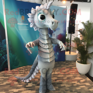 Silver Seahorse mascot costume character dressed with a Romper and Shawls