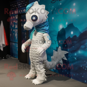 Silver Seahorse mascot costume character dressed with a Romper and Shawls