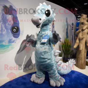 Silver Seahorse mascot costume character dressed with a Romper and Shawls