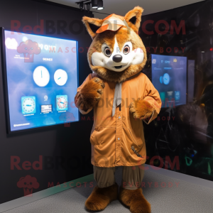 Brown Fox mascot costume character dressed with a Raincoat and Digital watches