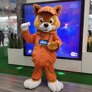 Brown Fox mascot costume character dressed with a Raincoat and Digital watches