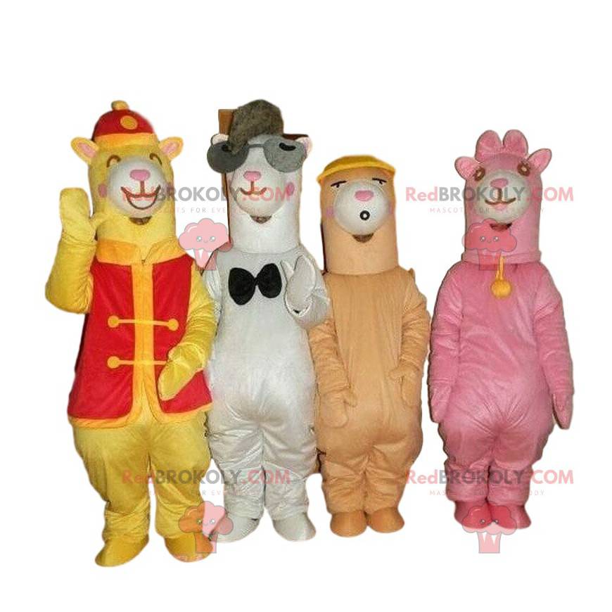 4 mascottes de lamas colorés, costumes d'alpagas -