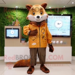 Brown Fox mascot costume character dressed with a Raincoat and Digital watches