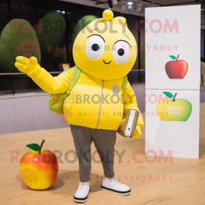 Yellow Apple mascot costume character dressed with a Sweatshirt and Wallets