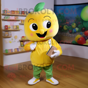 Yellow Apple mascot costume character dressed with a Sweatshirt and Wallets