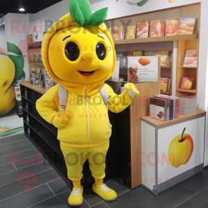 Yellow Apple mascot costume character dressed with a Sweatshirt and Wallets