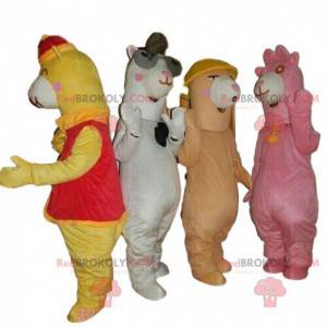 4 mascotes coloridos de lhamas, fantasias de alpaca -