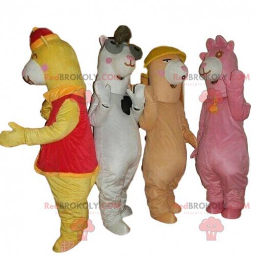 4 mascotas de llamas de colores, disfraces de alpaca -