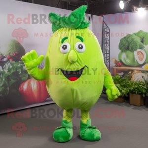 Lime Green Beet mascot costume character dressed with a Flannel Shirt and Hair clips