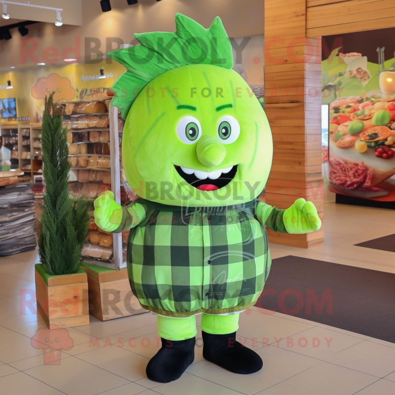 Lime Green Beet mascot costume character dressed with a Flannel Shirt and Hair clips