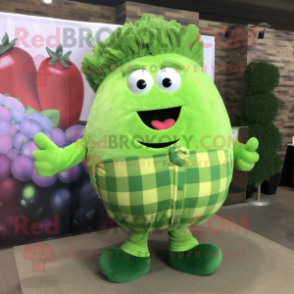 Lime Green Beet mascot costume character dressed with a Flannel Shirt and Hair clips