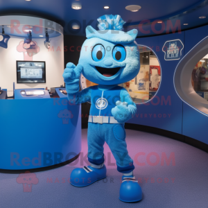 Blue Momentum mascot costume character dressed with a Playsuit and Rings