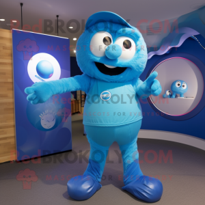 Blue Momentum mascot costume character dressed with a Playsuit and Rings