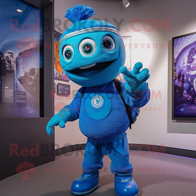 Blue Momentum mascot costume character dressed with a Playsuit and Rings