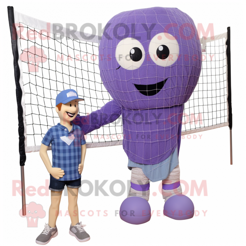 Lavender Volleyball Net mascot costume character dressed with a Boyfriend Jeans and Shoe laces