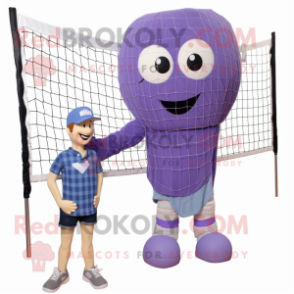 Lavender Volleyball Net mascot costume character dressed with a Boyfriend Jeans and Shoe laces