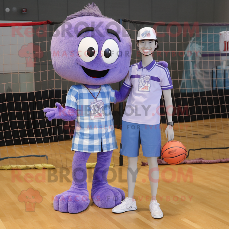 Lavender Volleyball Net mascot costume character dressed with a Boyfriend Jeans and Shoe laces