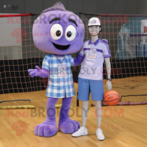 Lavender Volleyball Net mascot costume character dressed with a Boyfriend Jeans and Shoe laces