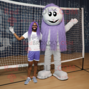 Lavender Volleyball Net mascot costume character dressed with a Boyfriend Jeans and Shoe laces