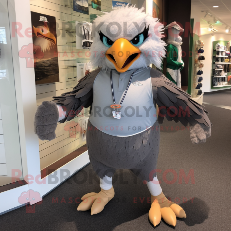 Gray Haast'S Eagle mascot costume character dressed with a Running Shorts and Necklaces