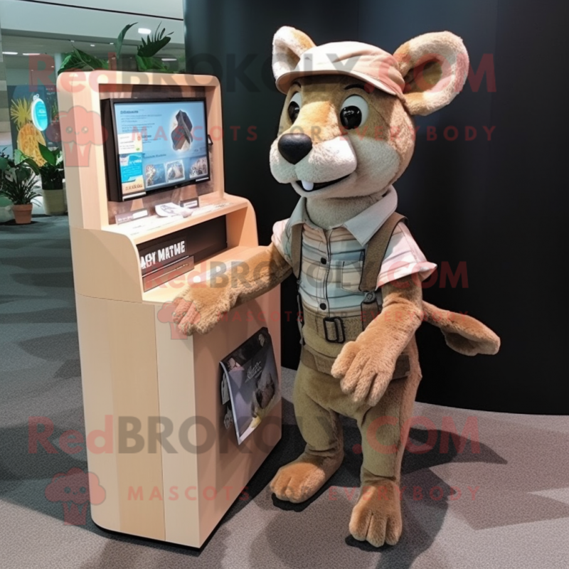 Beige Thylacosmilus mascot costume character dressed with a Romper and Handbags Beige Thylacosmilus mascot costume character dressed with a Romper and Handbags