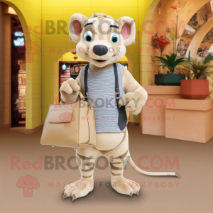 Beige Thylacosmilus mascot costume character dressed with a Romper and Handbags