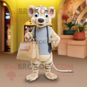 Beige Thylacosmilus mascot costume character dressed with a Romper and Handbags