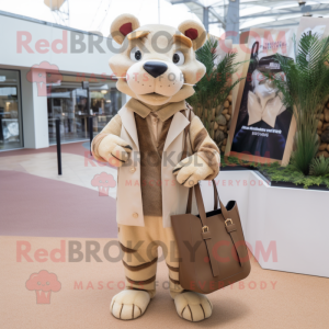 Beige Thylacosmilus mascot costume character dressed with a Romper and Handbags