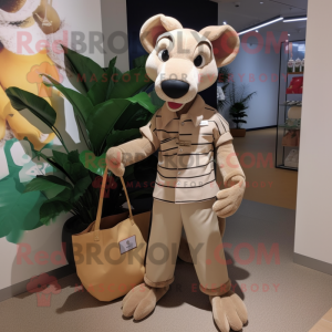 Beige Thylacosmilus mascot costume character dressed with a Romper and Handbags
