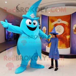 Cyan Magician mascot costume character dressed with a Bikini and Watches