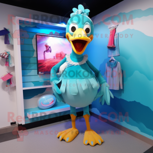 Cyan Dodo Bird mascot costume character dressed with a Bikini and Shoe clips