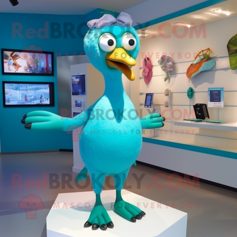 Cyan Dodo Bird mascot costume character dressed with a Bikini and Shoe clips