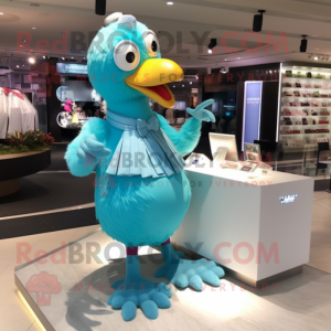 Cyan Dodo Bird mascot costume character dressed with a Bikini and Shoe clips