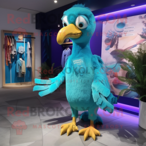 Cyan Dodo Bird mascot costume character dressed with a Bikini and Shoe clips