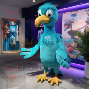 Cyan Dodo Bird mascot costume character dressed with a Bikini and Shoe clips