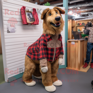 Brown Dog mascot costume character dressed with a Flannel Shirt and Shoe clips