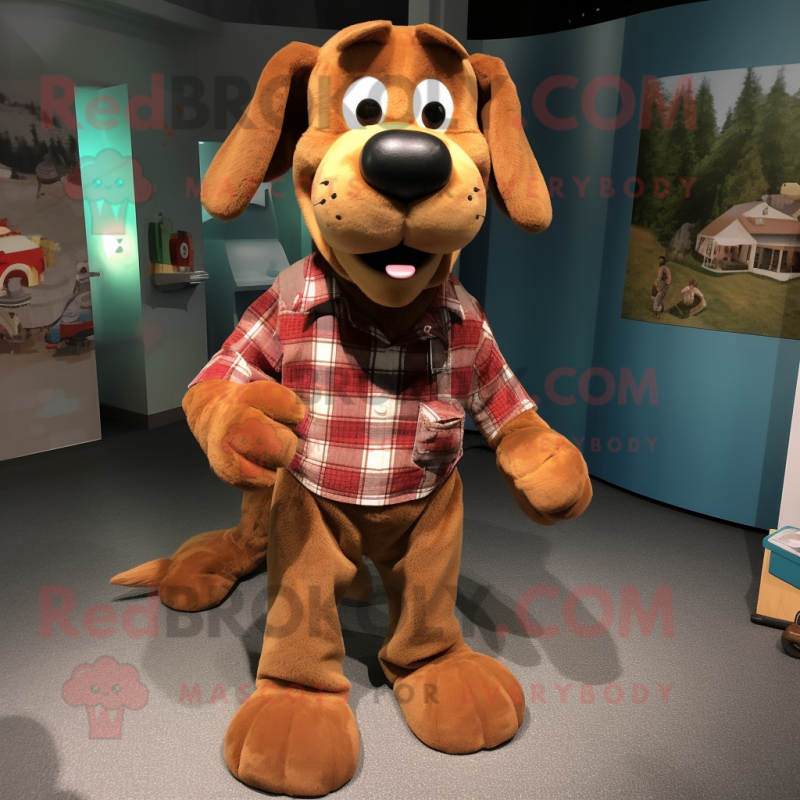 Brown Dog mascot costume character dressed with a Flannel Shirt and Shoe clips