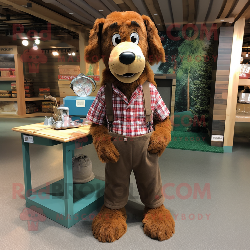 Brown Dog mascot costume character dressed with a Flannel Shirt and Shoe clips Brown Dog mascot costume character dressed with a Flannel Shirt and Shoe clips