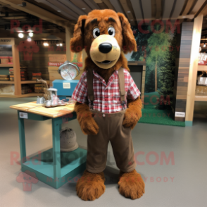 Brown Dog mascot costume character dressed with a Flannel Shirt and Shoe clips