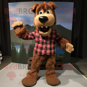 Brown Dog mascot costume character dressed with a Flannel Shirt and Shoe clips