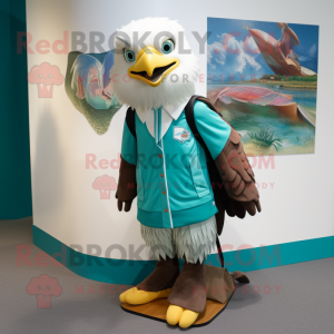 Teal Haast'S Eagle mascot costume character dressed with a A-Line Dress and Backpacks