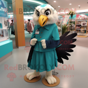 Teal Haast'S Eagle mascot costume character dressed with a A-Line Dress and Backpacks