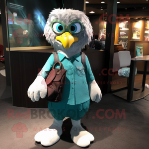 Teal Haast'S Eagle mascot costume character dressed with a A-Line Dress and Backpacks