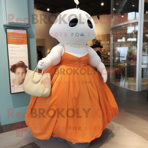 Rust Beluga Whale mascot costume character dressed with a Ball Gown and Handbags