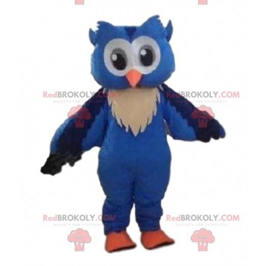 Mascotte de hibou bleu, costume de grand oiseau nocturne -