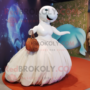 Rust Beluga Whale mascot costume character dressed with a Ball Gown and Handbags