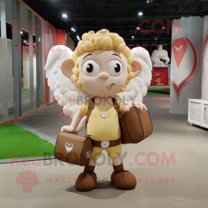 Cream Cupid mascot costume character dressed with a Cargo Shorts and Clutch bags