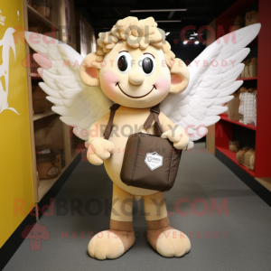 Cream Cupid mascot costume character dressed with a Cargo Shorts and Clutch bags