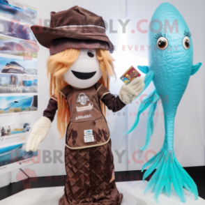 Brown Mermaid mascot costume character dressed with a Swimwear and Hats
